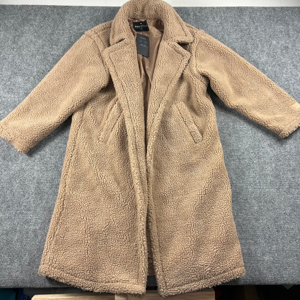 Fabletics Teddy Long Coat Womens XL Tan Brown Recycled Faux Fur Sherpa Jacket